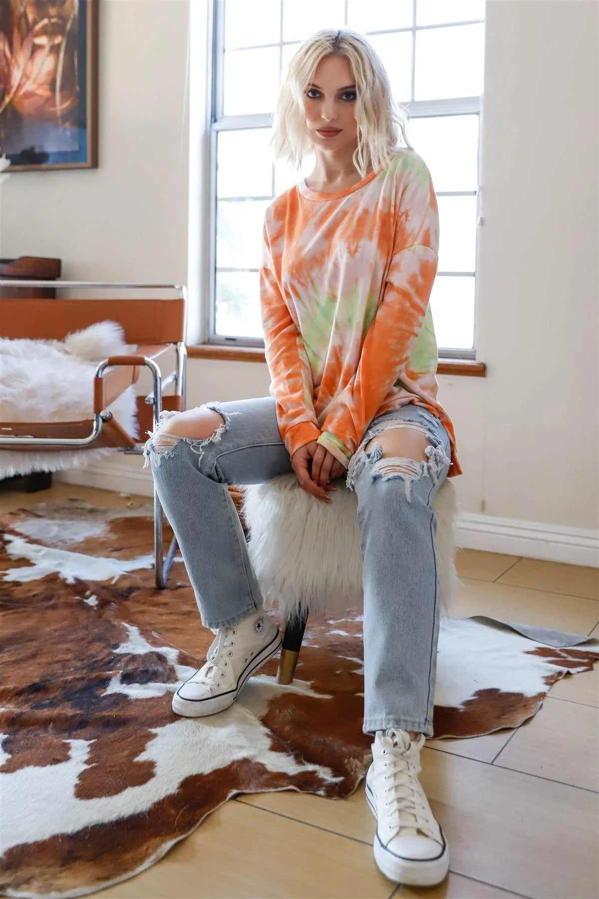 Orange Spin Tie-Dye Long Sleeve Sweater /2-2-2 - Tasha Apparel Wholesale