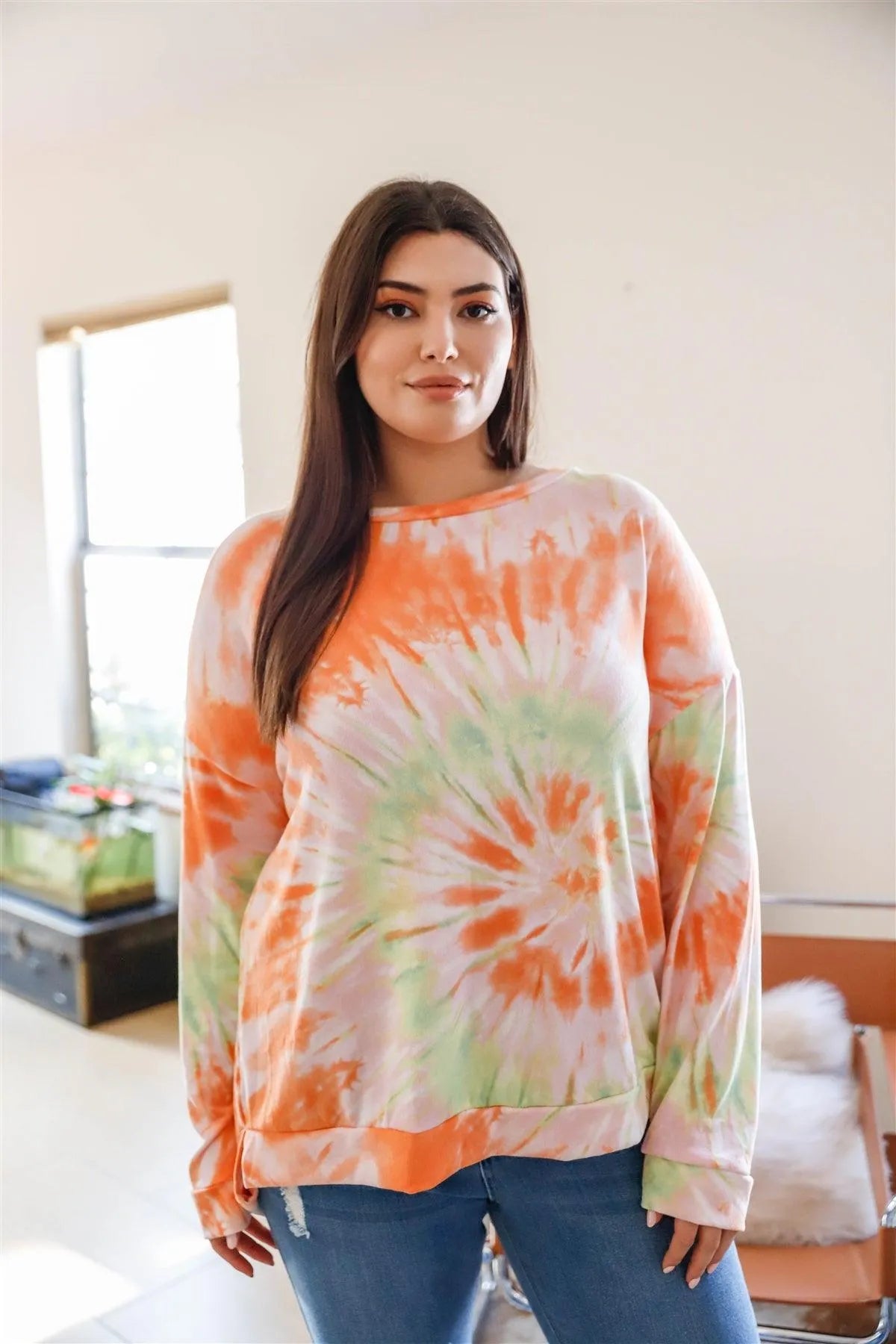 Junior Plus Orange Spin Tie-Dye Long Sleeve Sweatshirt /2-2-2 - Tasha Apparel Wholesale