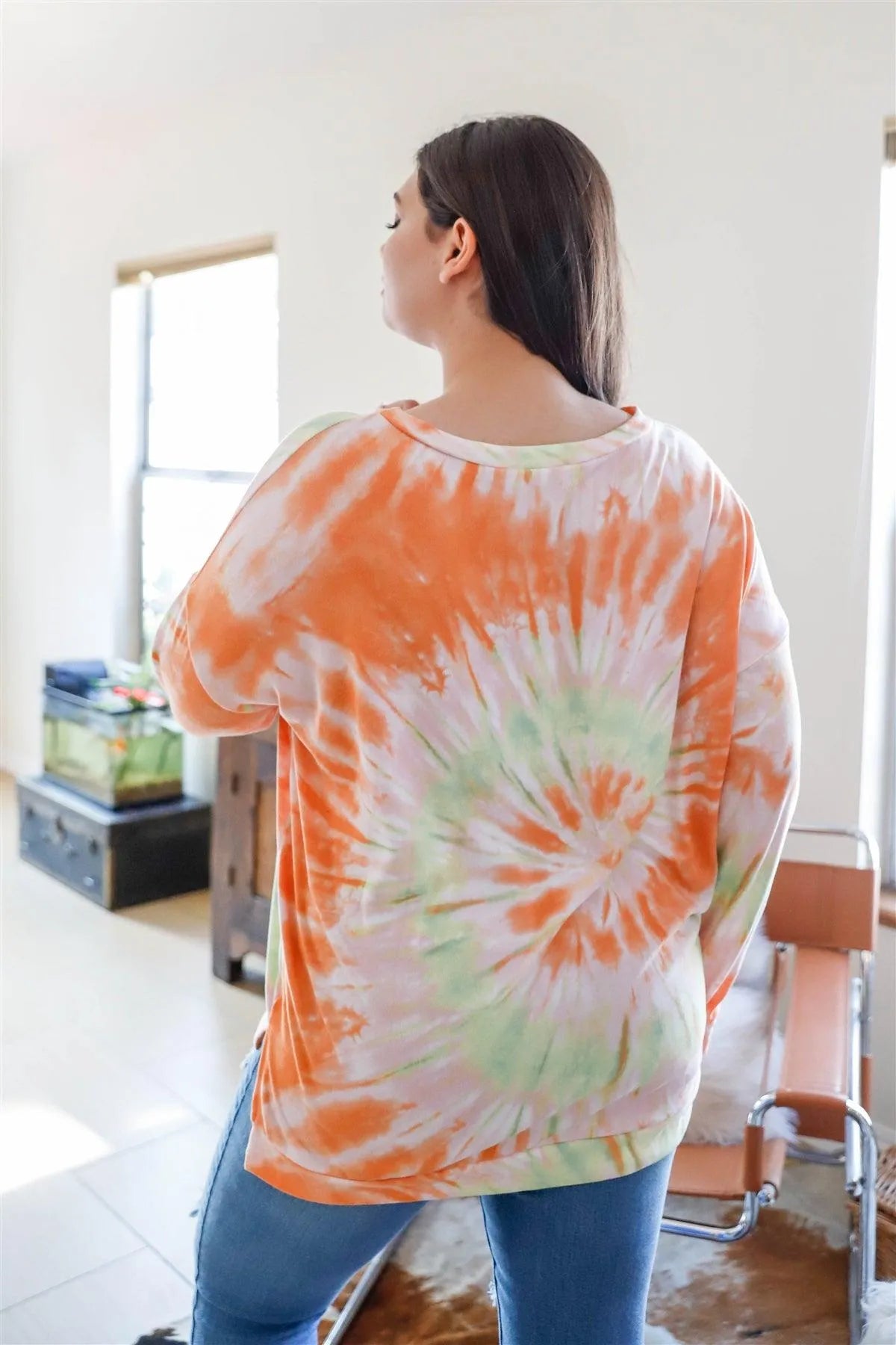Junior Plus Orange Spin Tie-Dye Long Sleeve Sweatshirt /2-2-2 - Tasha Apparel Wholesale