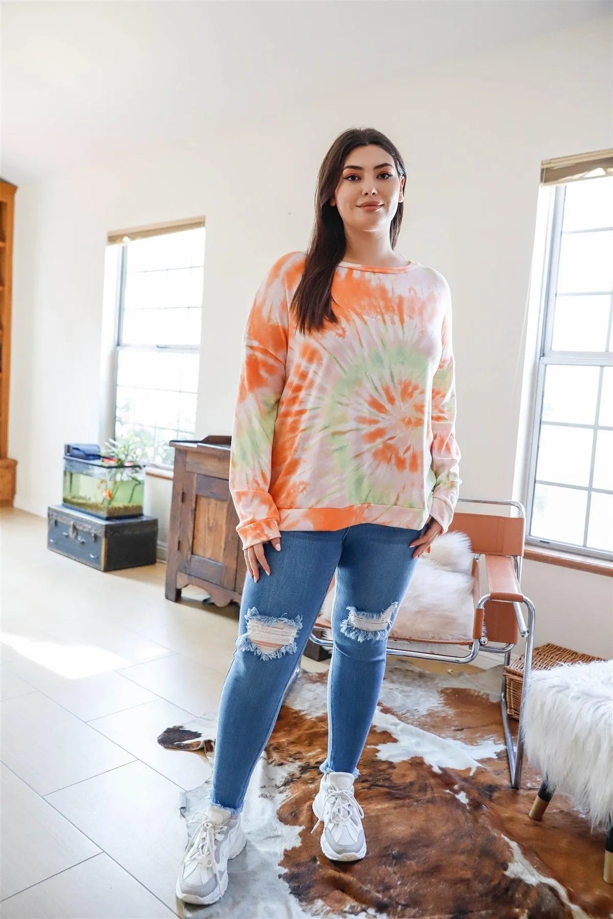 Junior Plus Orange Spin Tie-Dye Long Sleeve Sweatshirt /2-2-2 - Tasha Apparel Wholesale
