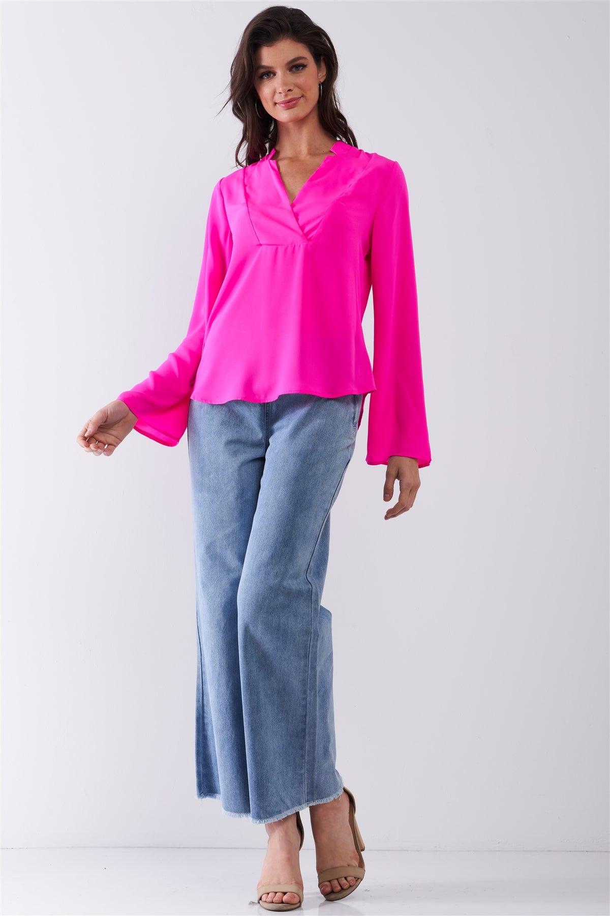 Neon Pink Mock-Blazer Collar V-Neck Detail Long Trumpet Sleeve Relaxed Blouse Top /1-2-1