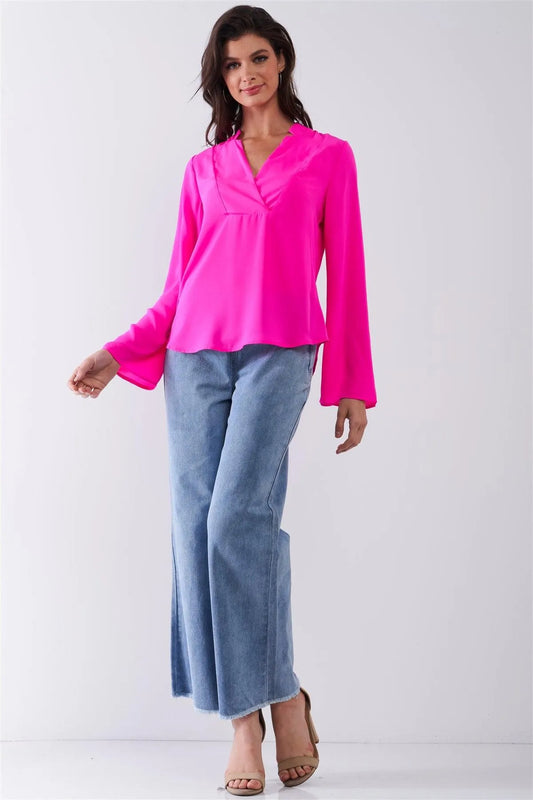 Neon Pink Mock-Blazer Collar V-Neck Detail Long Trumpet Sleeve Relaxed Blouse Top /1-2-1 - Tasha Apparel Wholesale
