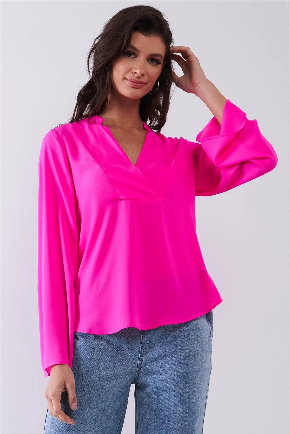 Neon Pink Mock-Blazer Collar V-Neck Detail Long Trumpet Sleeve Relaxed Blouse Top /1-2-2-1 - Tasha Apparel Wholesale