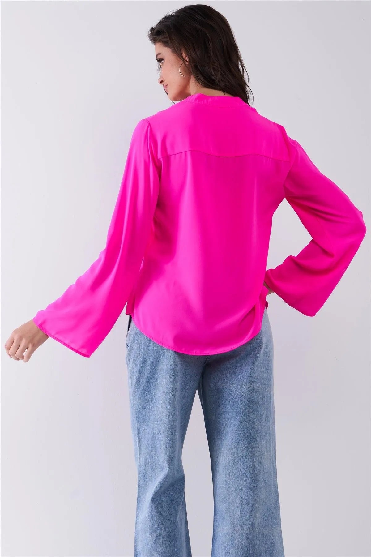Neon Pink Mock-Blazer Collar V-Neck Detail Long Trumpet Sleeve Relaxed Blouse Top /1-2-2-1 - Tasha Apparel Wholesale