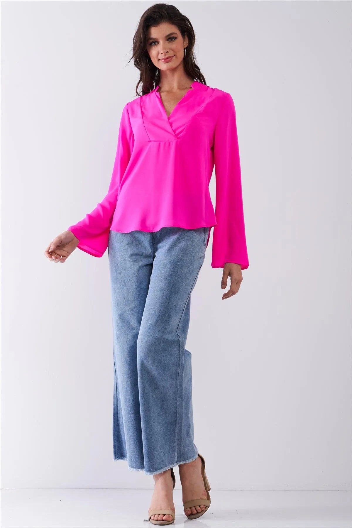 Neon Pink Mock-Blazer Collar V-Neck Detail Long Trumpet Sleeve Relaxed Blouse Top /1-2-2-1 - Tasha Apparel Wholesale