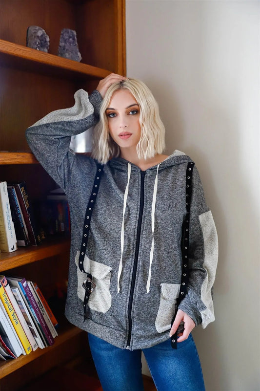 Charcoal Contrast Belt & Reversed Details Zip-Up Hoodie Sweatshirt /2-2-2 - Tasha Apparel Wholesale