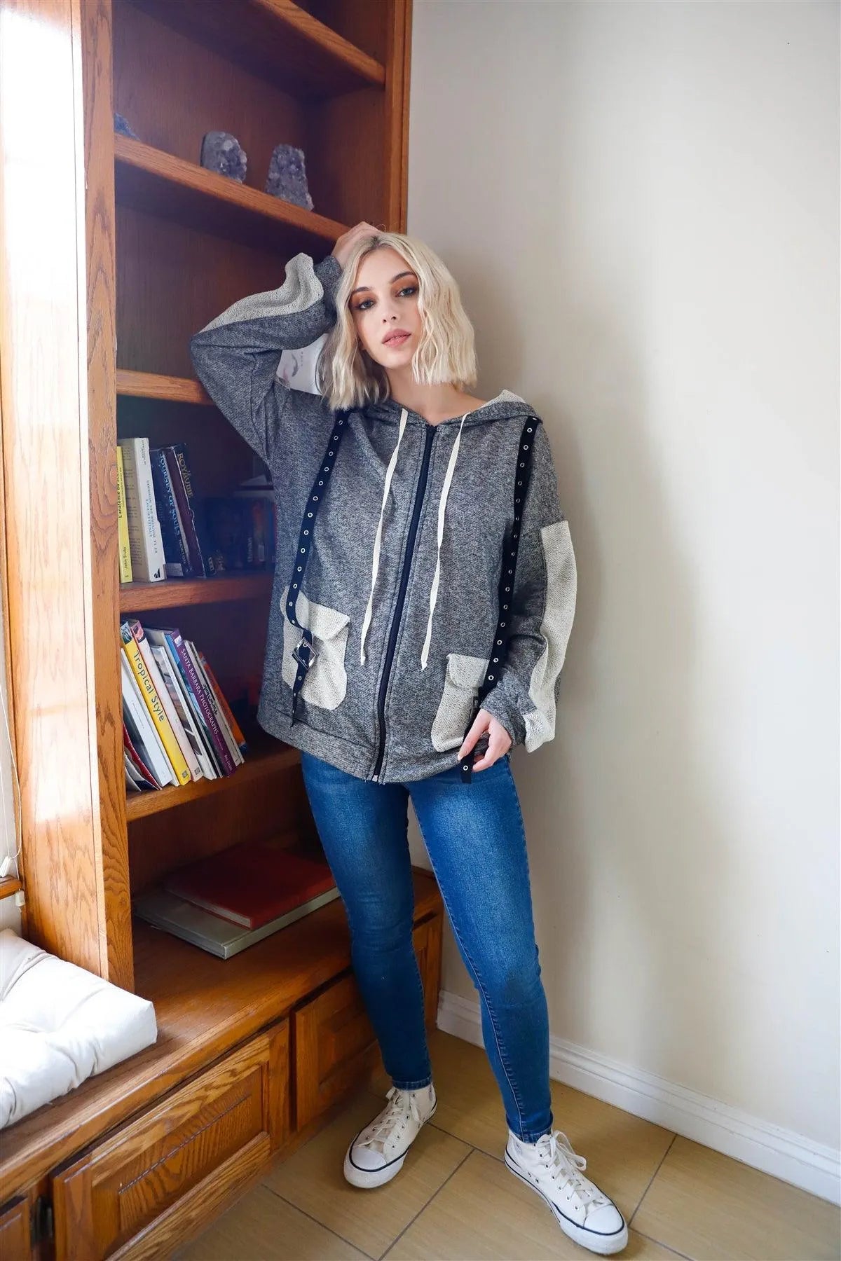 Charcoal Contrast Belt & Reversed Details Zip-Up Hoodie Sweatshirt /2-2-2 - Tasha Apparel Wholesale