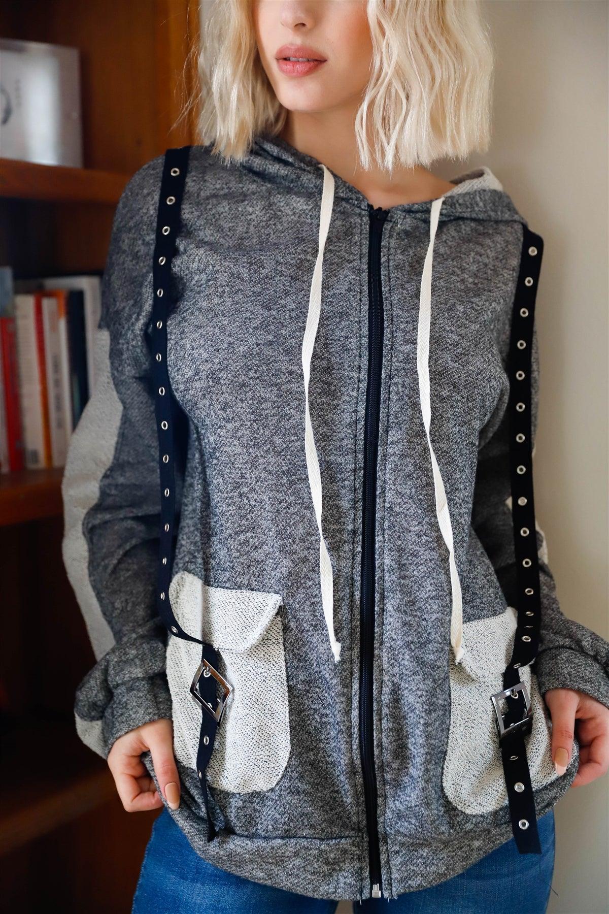 Charcoal Contrast Belt & Reversed Details Zip-Up Hooded Sweatshirt /2-2-2