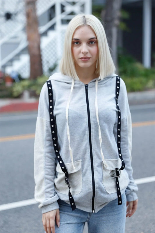 Grey Contrast Belt & Reversed Details Zip-Up Hoodie Sweatshirt /2-2-2 - Tasha Apparel Wholesale