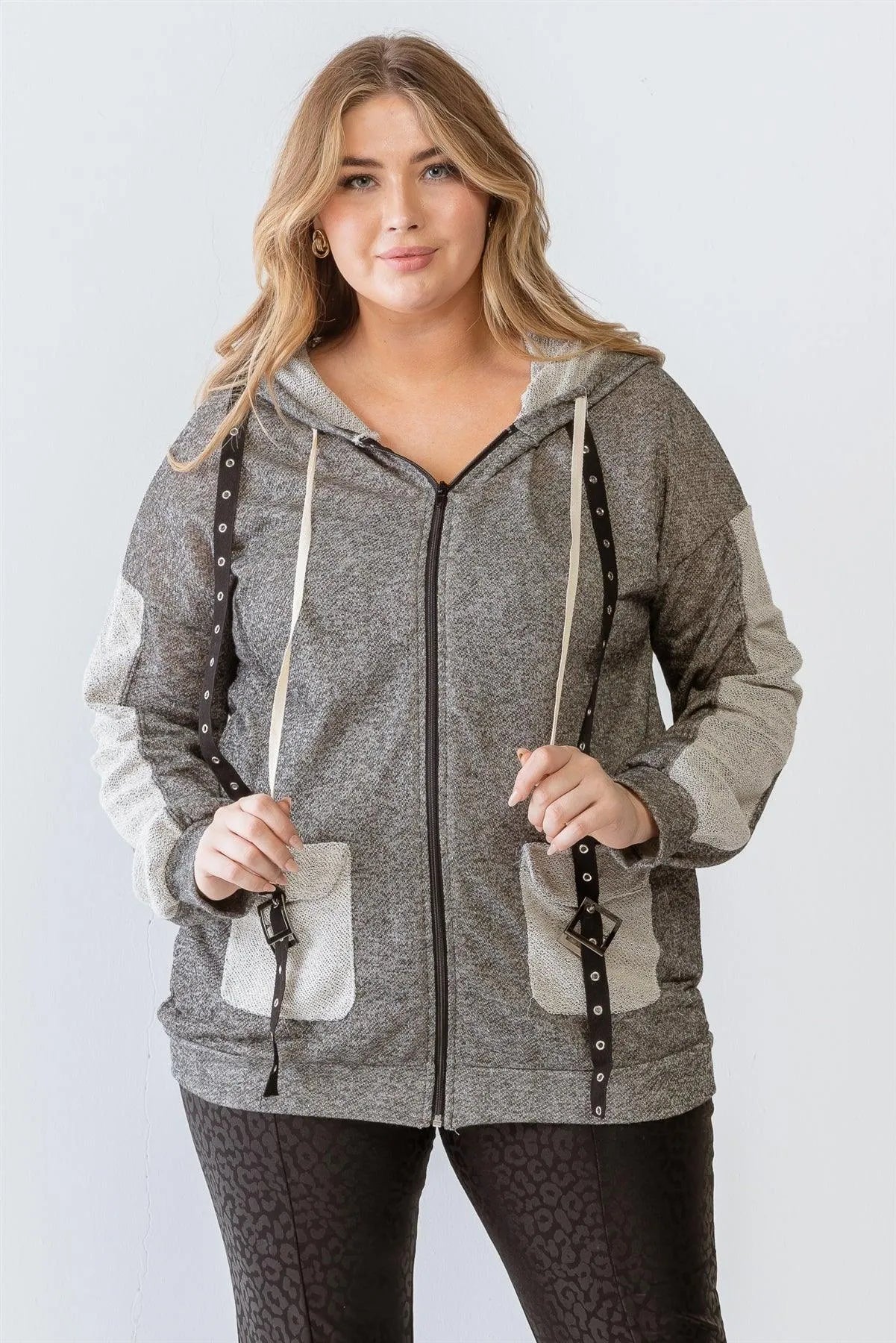 Junior Plus Charcoal Contrast Belt & Reversed Details Zip-Up Hoodie Sweatshirt /2-2 - Tasha Apparel Wholesale