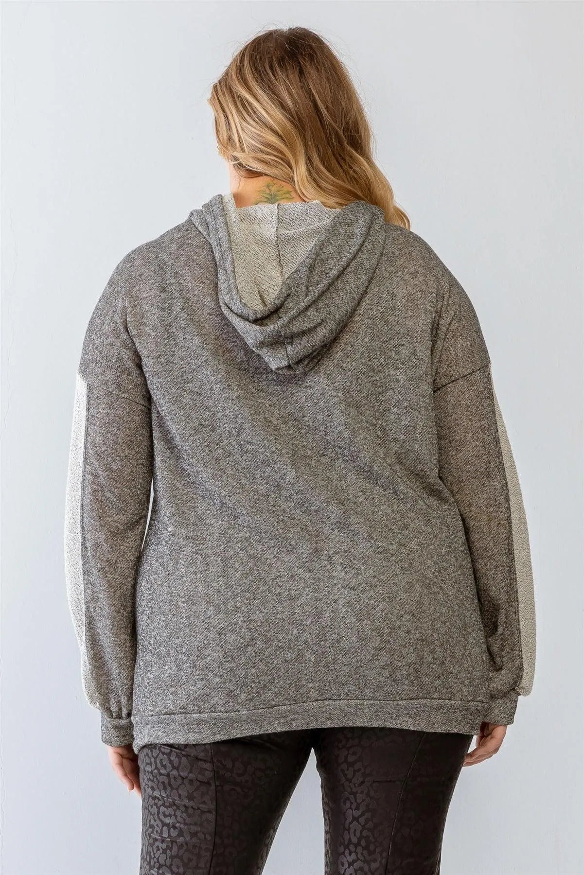 Junior Plus Charcoal Contrast Belt & Reversed Details Zip-Up Hoodie Sweatshirt /2-2 - Tasha Apparel Wholesale