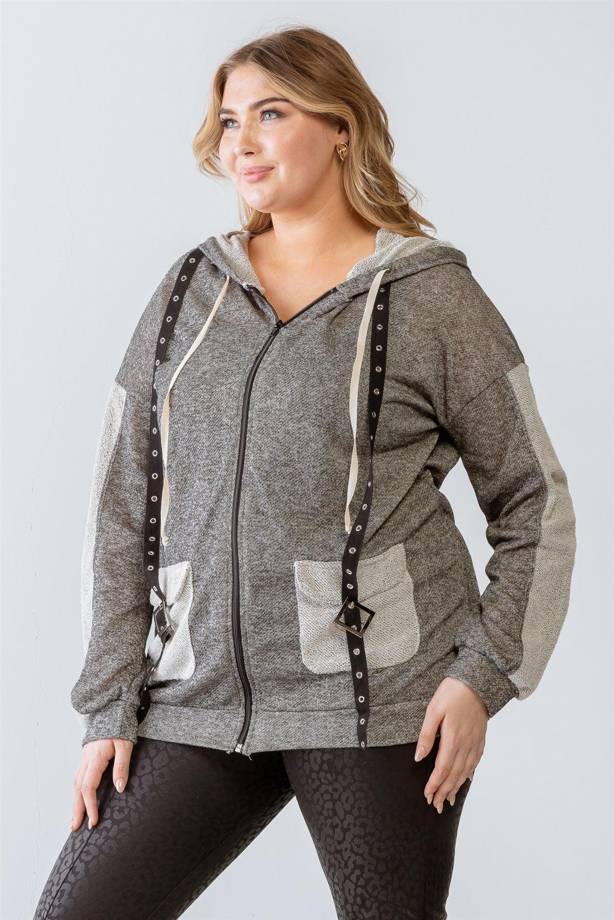 Junior Plus Charcoal Contrast Belt & Reversed Details Zip-Up Hooded Sweatshirt /2-2