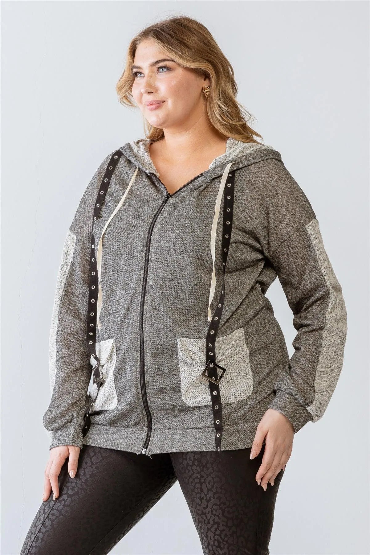 Junior Plus Charcoal Contrast Belt & Reversed Details Zip-Up Hoodie Sweatshirt /2-2 - Tasha Apparel Wholesale