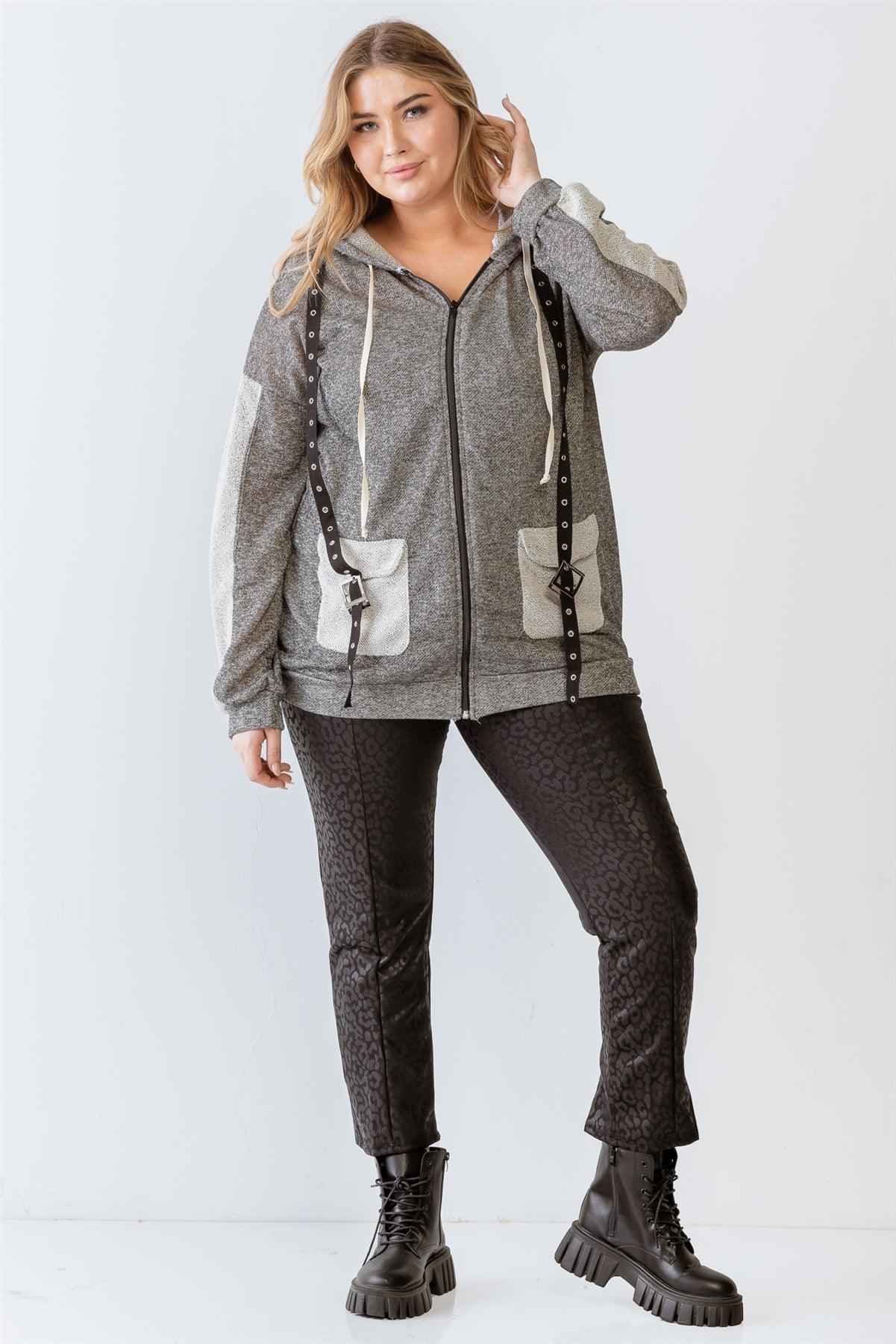 Junior Plus Charcoal Contrast Belt & Reversed Details Zip-Up Hooded Sweatshirt /2-2