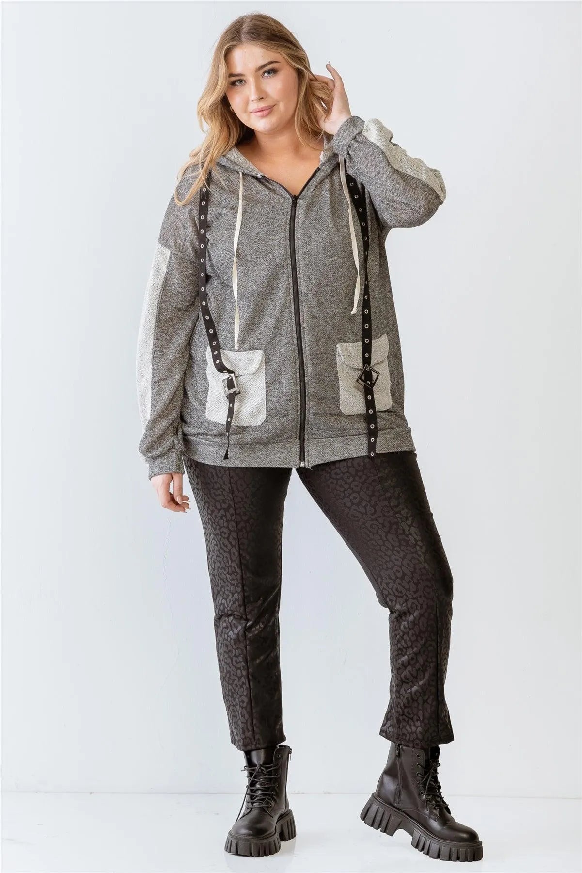 Junior Plus Charcoal Contrast Belt & Reversed Details Zip-Up Hoodie Sweatshirt /2-2 - Tasha Apparel Wholesale