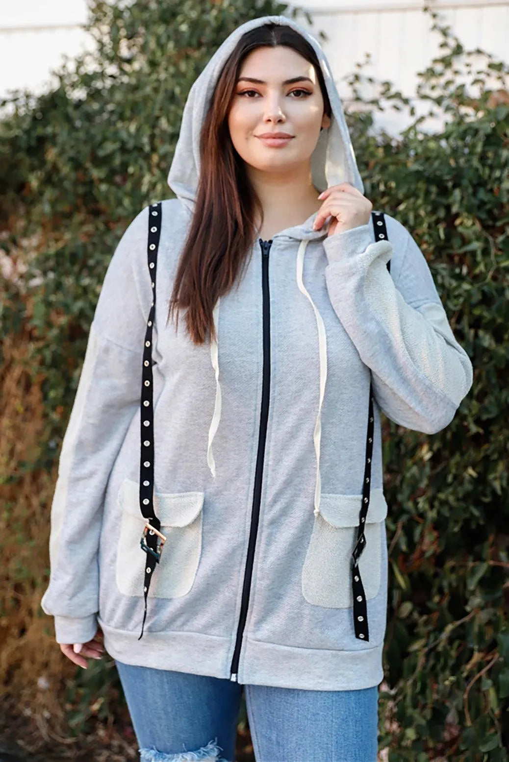 Plus Size Belt Zip-Up Reversed Hoodie Sweatshirt - Tasha Apparel Wholesale