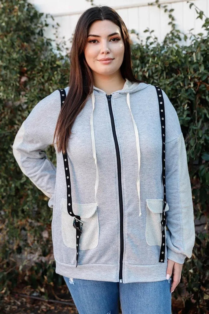 Plus Size Belt Zip-Up Reversed Hoodie Sweatshirt - Tasha Apparel Wholesale
