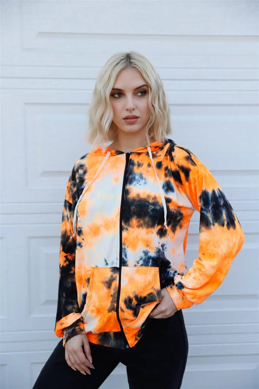 Neon Orange Black Tie-Dye Zip-Up Hooded Sweatshirt /2-2-2 - Tasha Apparel Wholesale