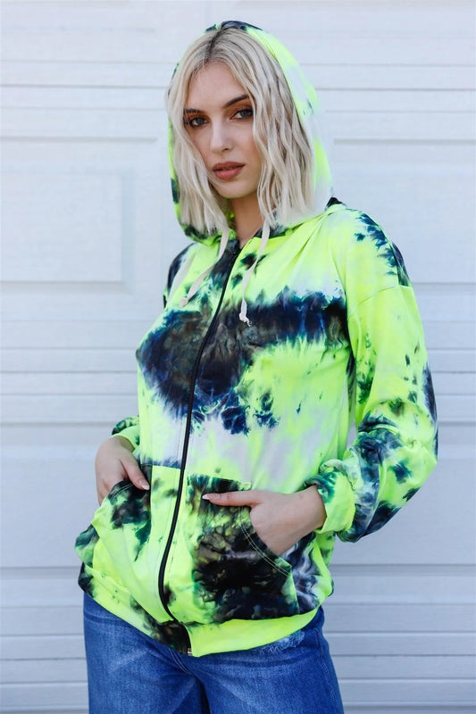 Neon Yellow Black Tie-Dye Zip-Up Hooded Sweater /2-2-2 - Tasha Apparel Wholesale