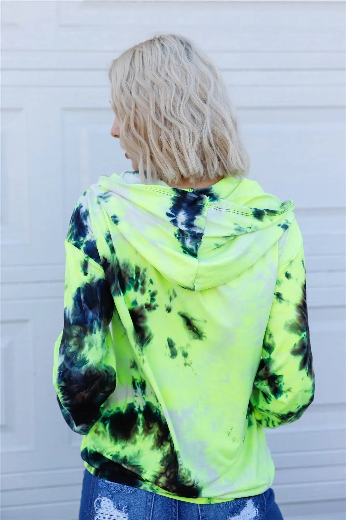 Neon Yellow Black Tie-Dye Zip-Up Hooded Sweater /2-2-2 - Tasha Apparel Wholesale