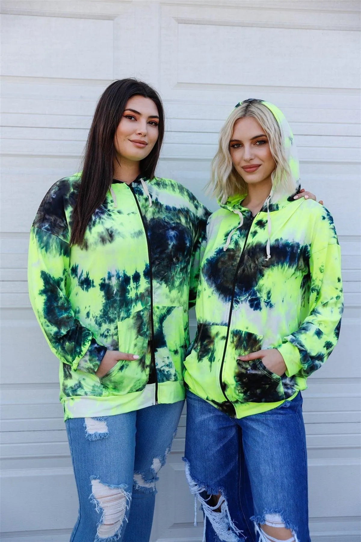 Neon Yellow Black Tie-Dye Zip-Up Hooded Sweater /2-2-2 - Tasha Apparel Wholesale