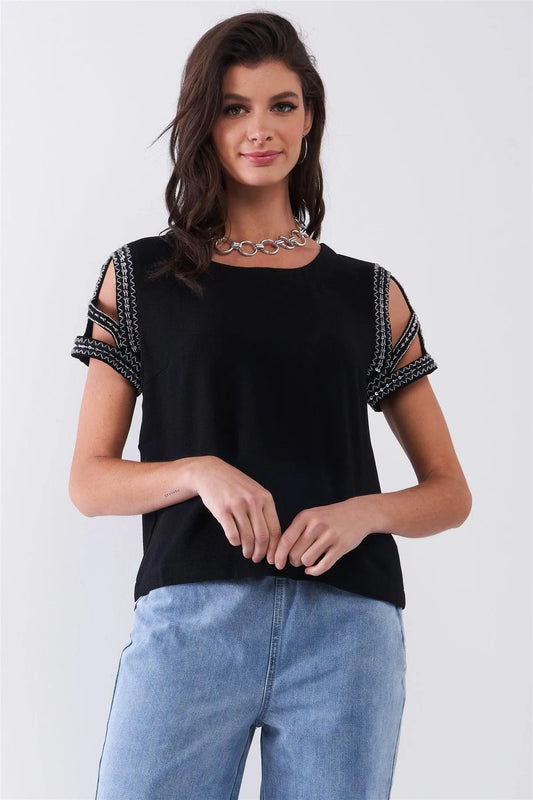 Black Round Neck Glittery Bead Embroidery Cut-Out Sleeve Detail Relaxed Top /1-2-2-1 - Tasha Apparel Wholesale
