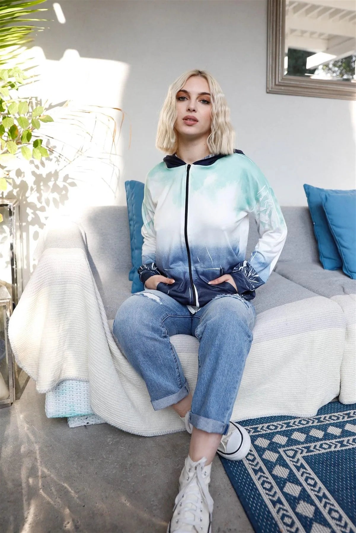 Tie-Dye Feather Print Camo Hoodie Zip Up Sweatshirt /2-2-2 - Tasha Apparel Wholesale