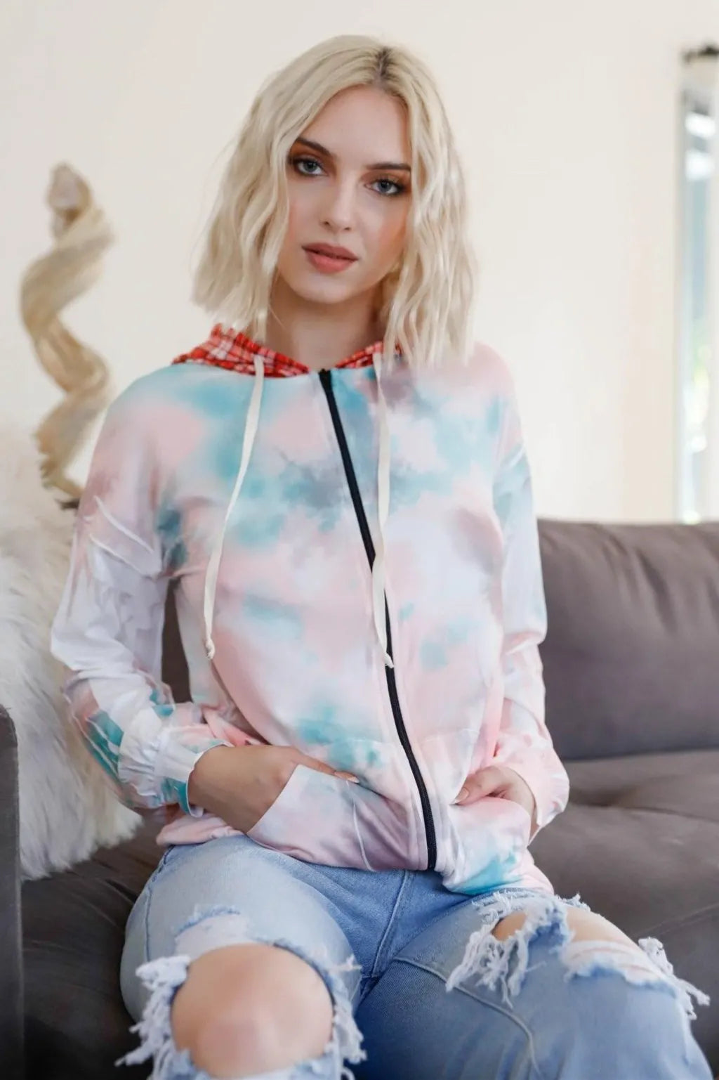 Dreamy Pastel Tie-Dye Plaid Accent Hoodie - Tasha Apparel Wholesale