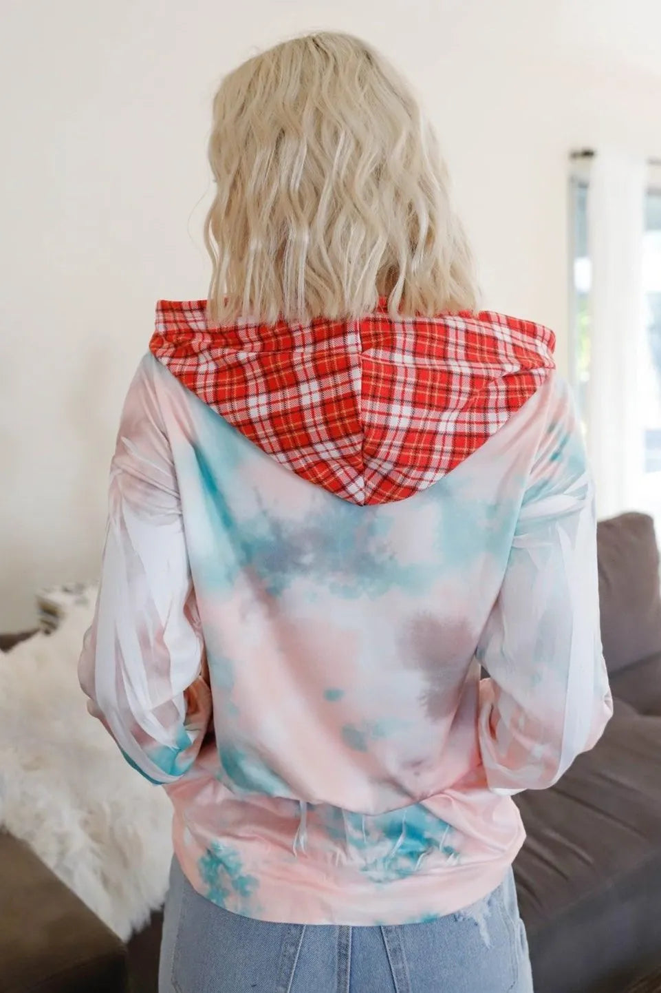 Dreamy Pastel Tie-Dye Plaid Accent Hoodie - Tasha Apparel Wholesale