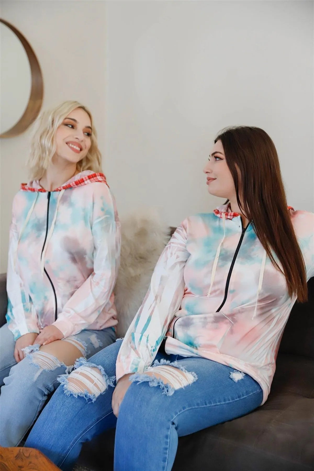 Dreamy Pastel Tie-Dye Plaid Accent Hoodie - Tasha Apparel Wholesale