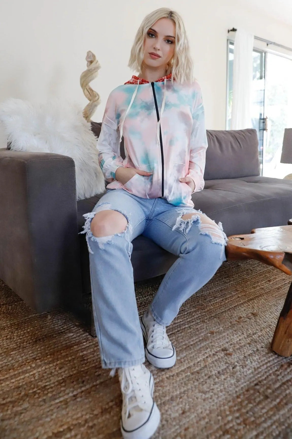 Dreamy Pastel Tie-Dye Plaid Accent Hoodie - Tasha Apparel Wholesale