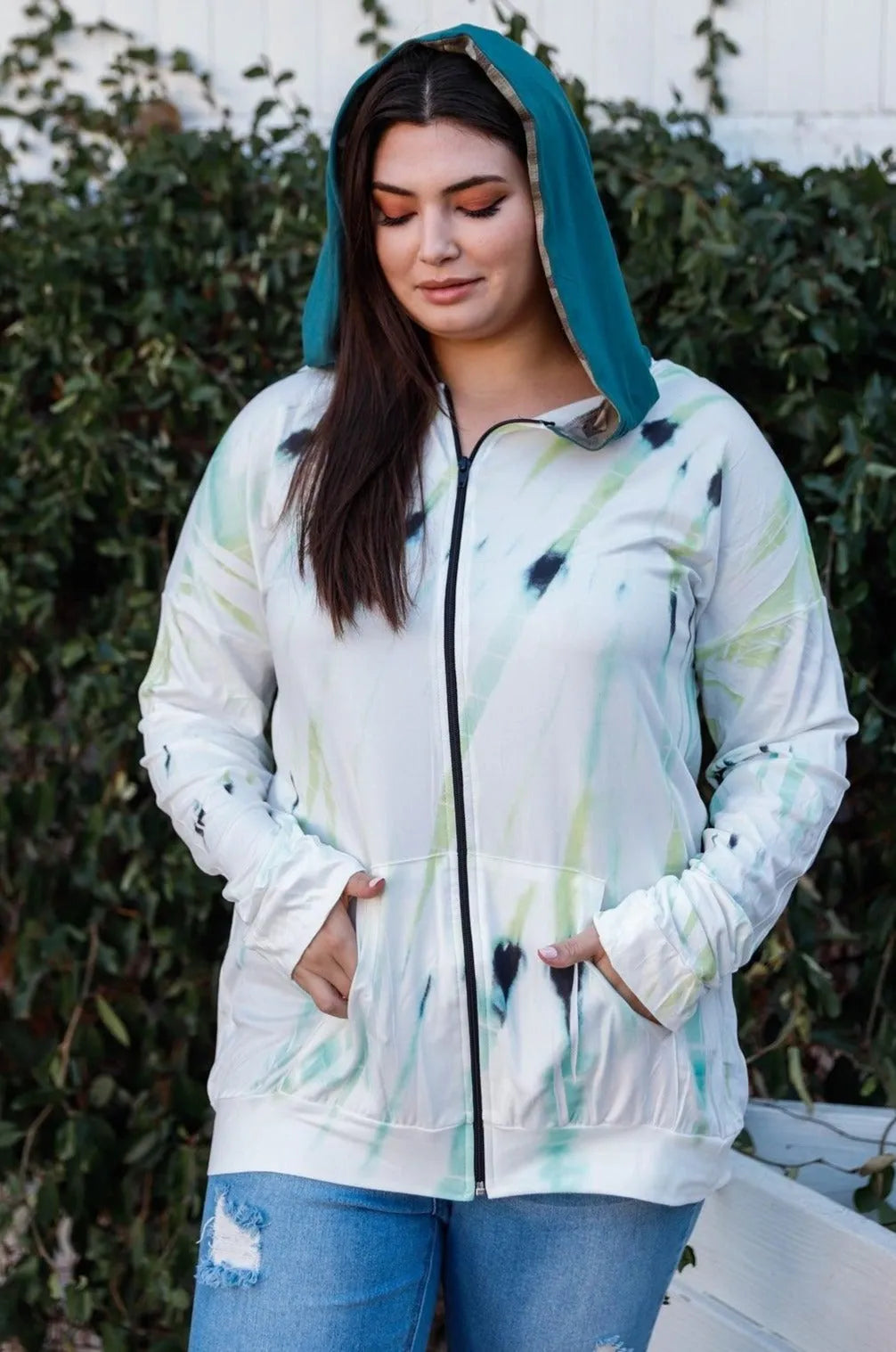Plus Size White Green Feather Tie-Dye Print Contrast Camo Hood Zip Up Sweatshirt - Tasha Apparel Wholesale