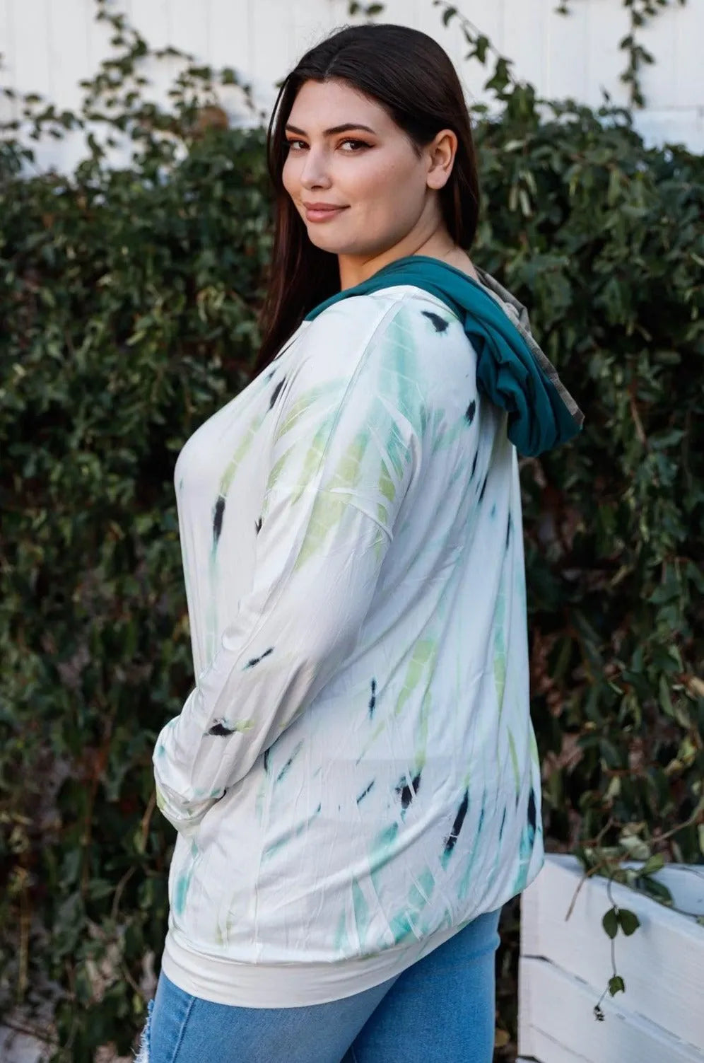 Plus Size White Green Feather Tie-Dye Print Contrast Camo Hood Zip Up Sweatshirt - Tasha Apparel Wholesale