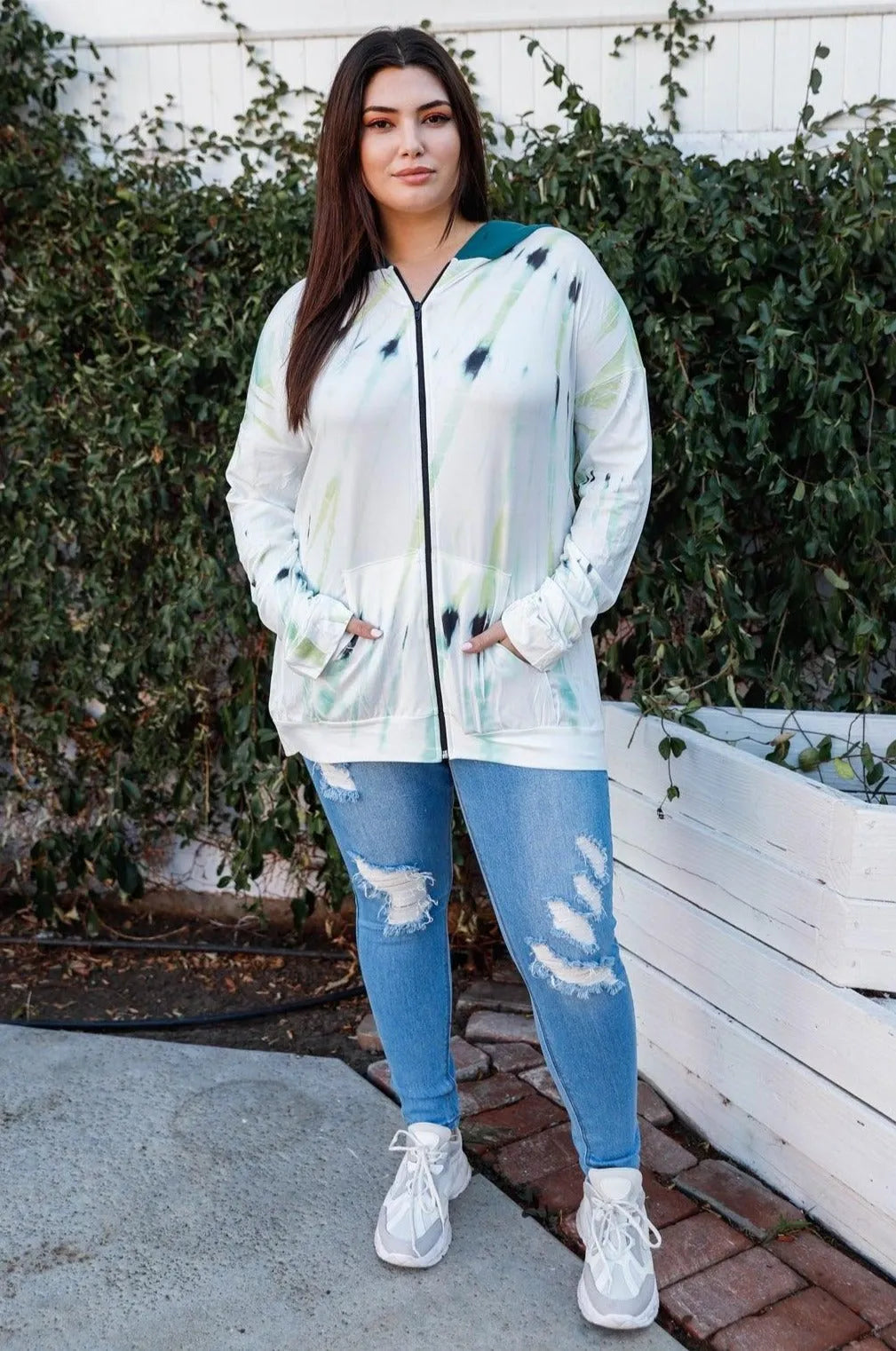 Plus Size White Green Feather Tie-Dye Print Contrast Camo Hood Zip Up Sweatshirt - Tasha Apparel Wholesale