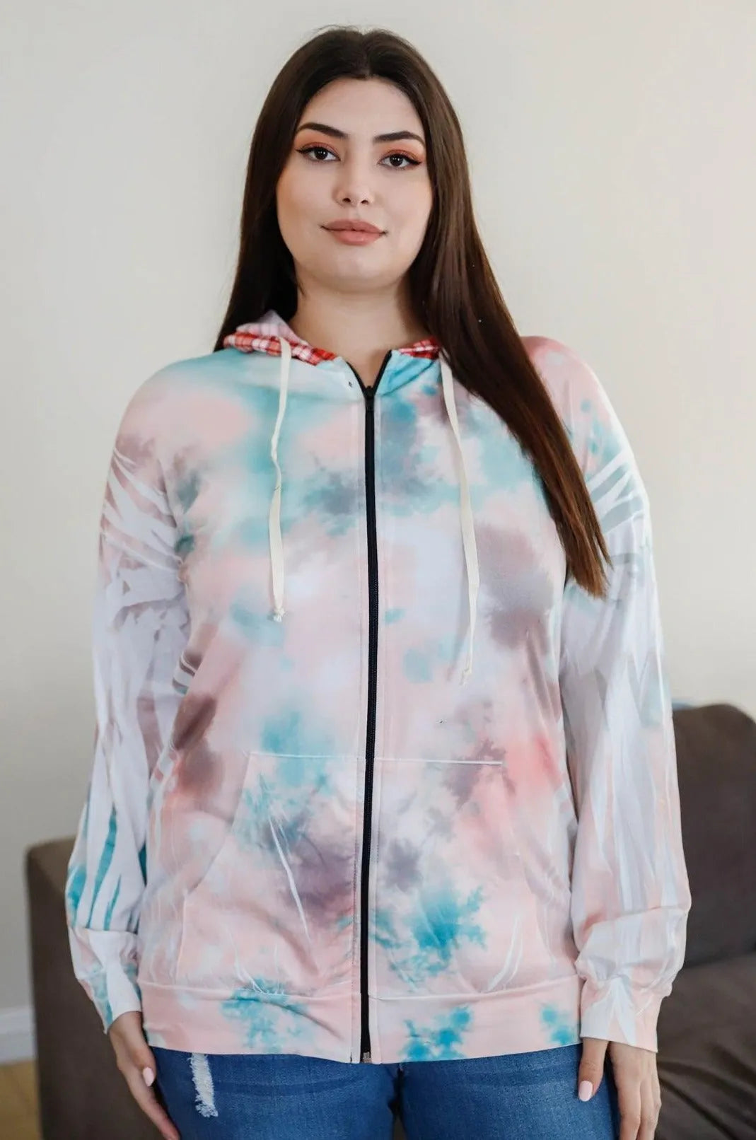 Plus Size Tie-Dye Zip-Up Hoodie Sweatshirt - Tasha Apparel Wholesale