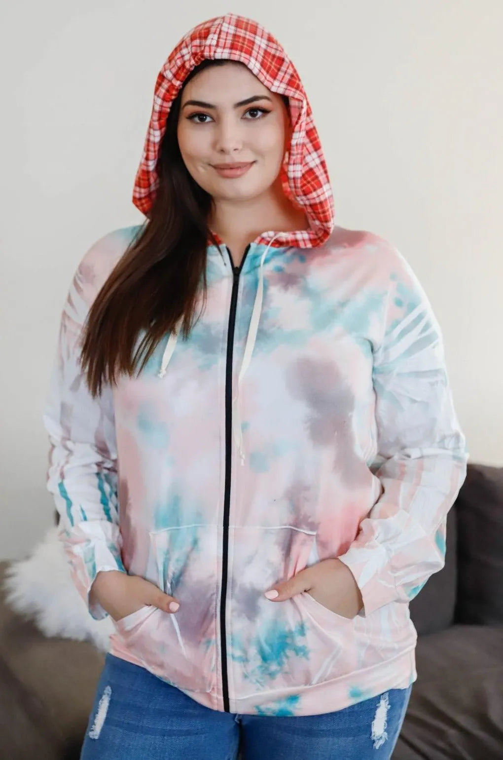 Plus Size Tie-Dye Zip-Up Hoodie Sweatshirt - Tasha Apparel Wholesale