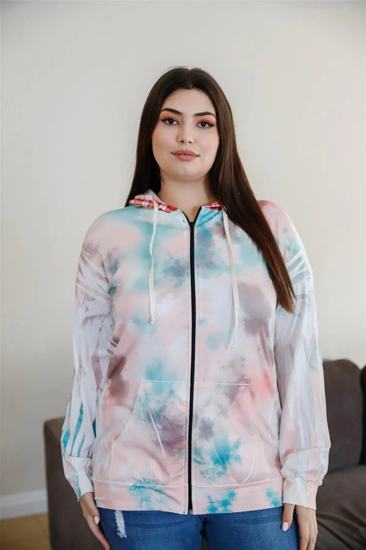 Junior Plus Sage & Pink Tie-Dye Zip-Up Contrast Plaid Hood Zip Up Sweatshirt /2-2-1 - Tasha Apparel Wholesale