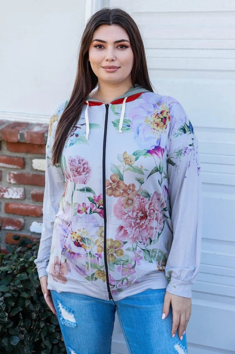 Plus Size Grey Flower Print Double Hoodie Sweatshirt - Tasha Apparel Wholesale