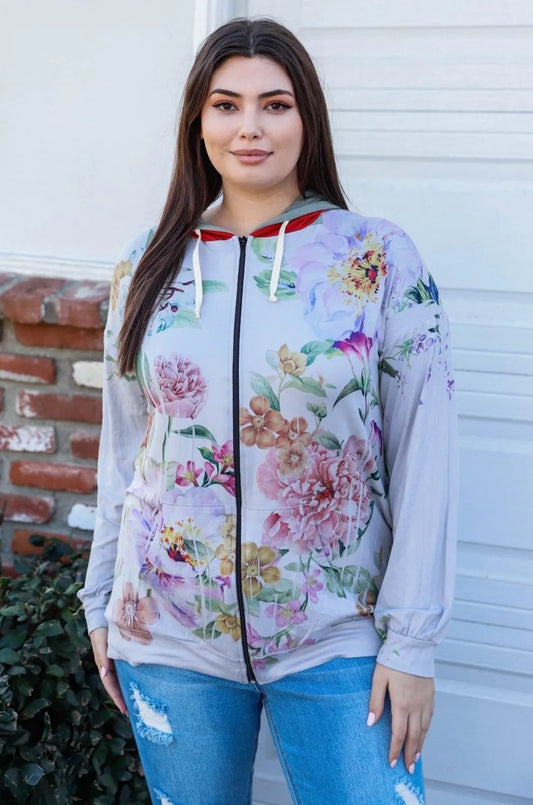 Plus Size Grey Flower Print Double Hoodie Sweatshirt - Tasha Apparel Wholesale