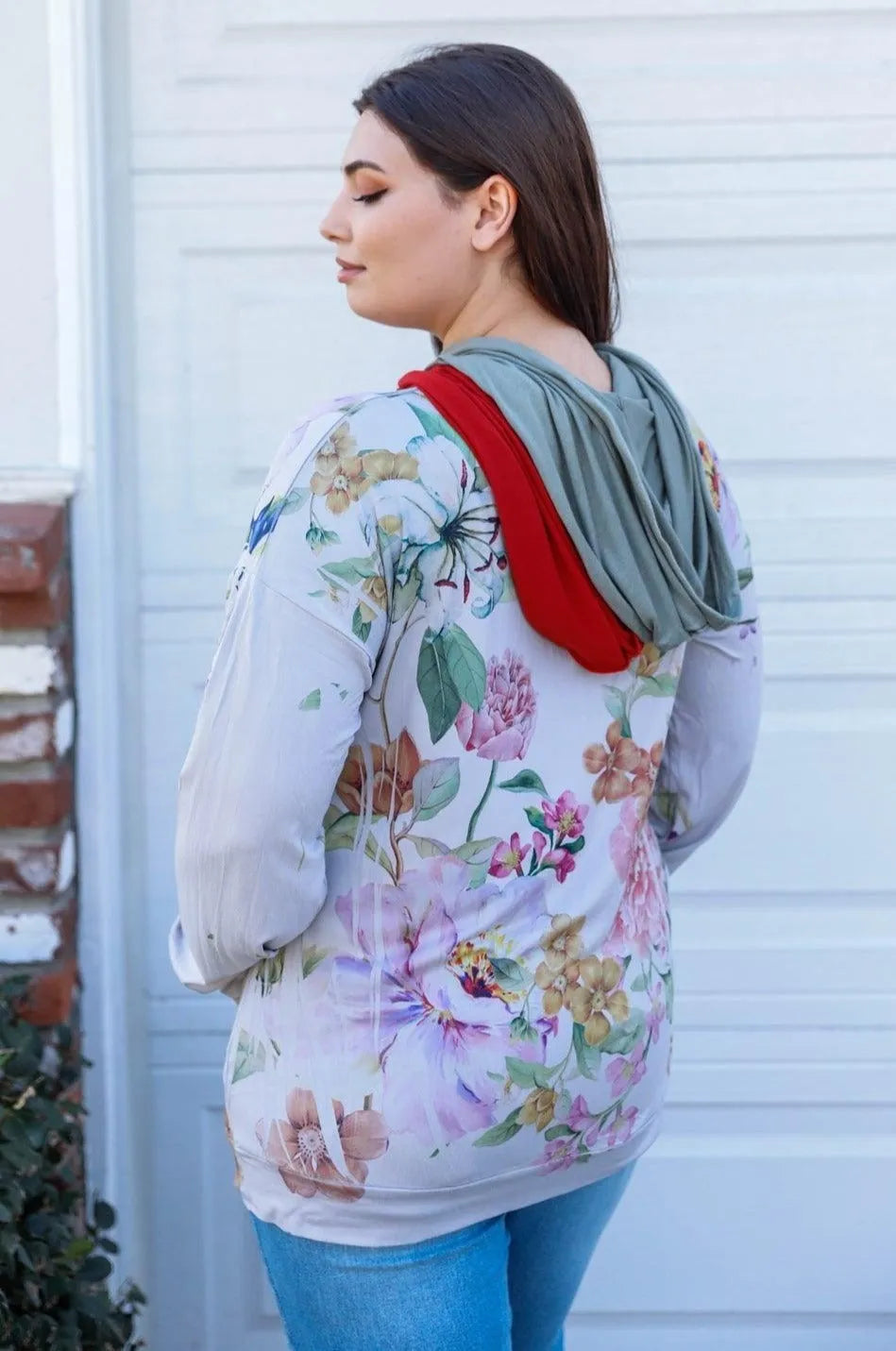 Plus Size Grey Flower Print Double Hoodie Sweatshirt - Tasha Apparel Wholesale