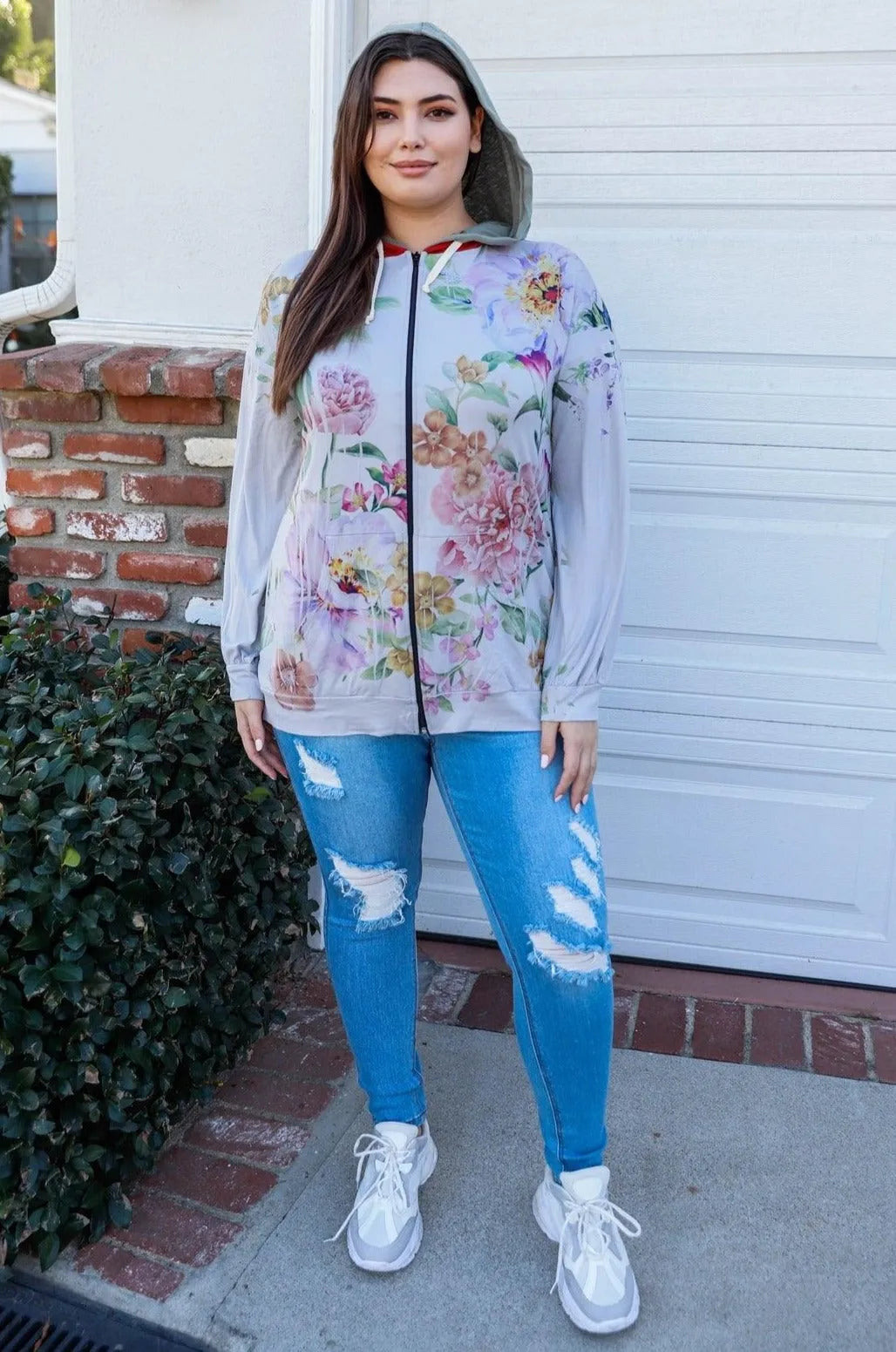 Plus Size Grey Flower Print Double Hoodie Sweatshirt - Tasha Apparel Wholesale