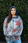 Plus Size Flower Print Zip-Up Striped Hood Sweatshirt - Tasha Apparel Wholesale