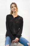 Black Cut-Out Front Print Fishnet Lining Zip-Up Hooded Sweater - Tasha Apparel Wholesale