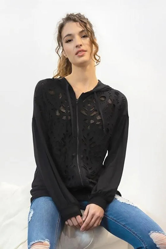 Black Cut-Out Front Print Fishnet Lining Zip-Up Hooded Sweater - Tasha Apparel Wholesale