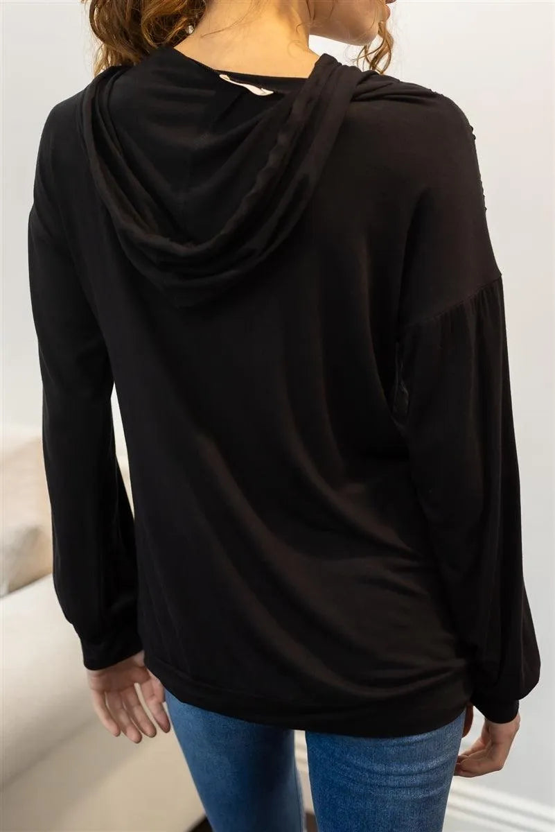 Black Cut-Out Front Print Fishnet Lining Zip-Up Hooded Sweater - Tasha Apparel Wholesale