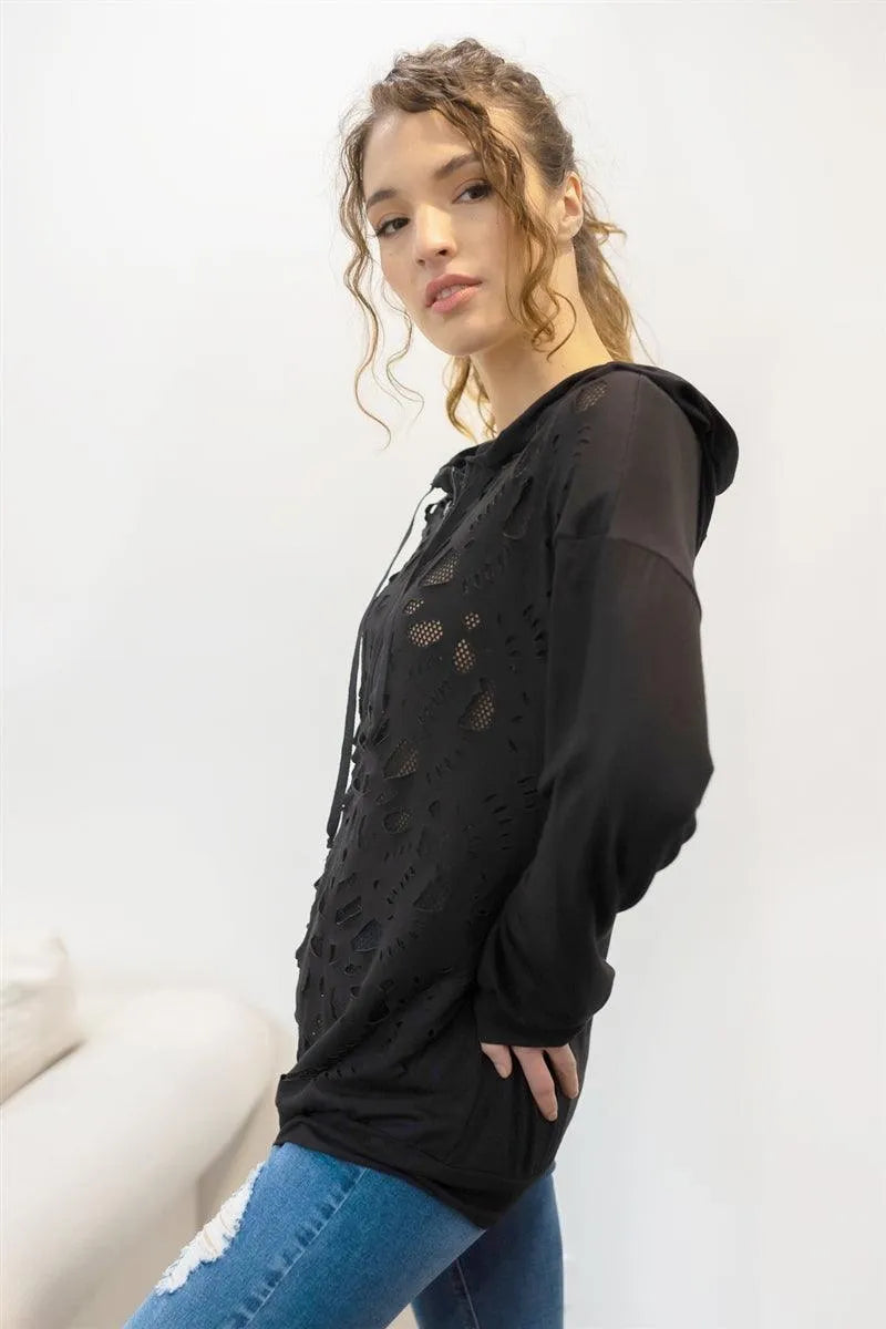 Black Cut-Out Front Print Fishnet Lining Zip-Up Hooded Sweater - Tasha Apparel Wholesale