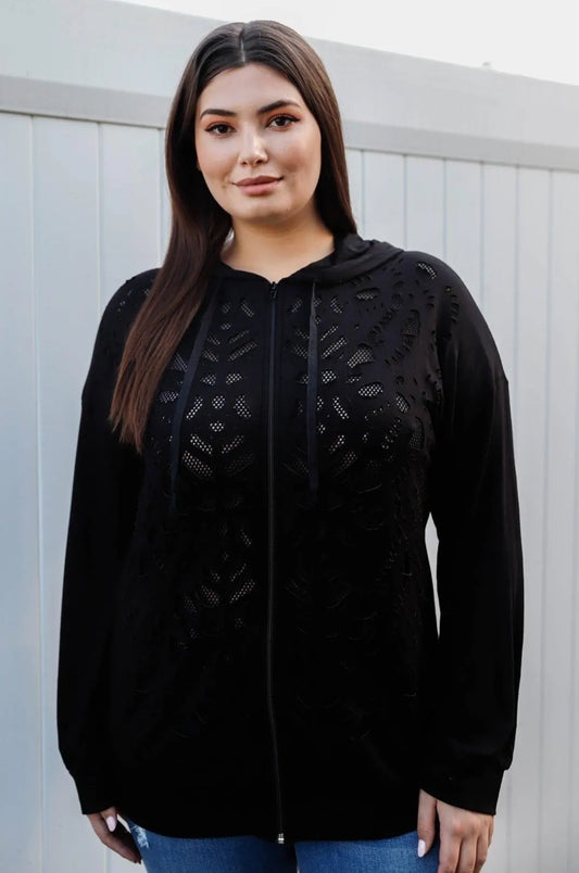 Plus Size Cut-Out Fishnet Zip-Up Hoodie Sweatshirt - Tasha Apparel Wholesale