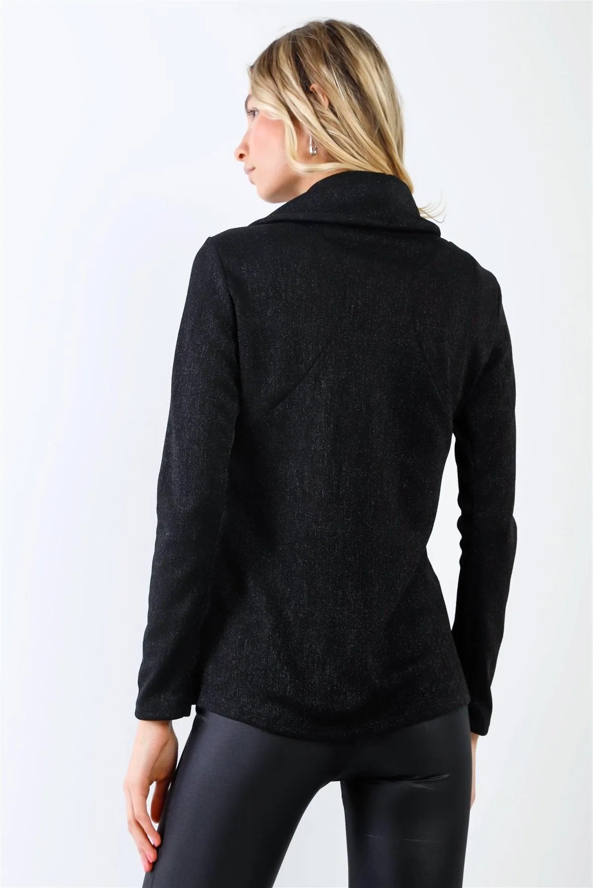 Black Lurex Draped Collar Side Zip Up Lightweight Jacket /2-2-2 - Tasha Apparel Wholesale
