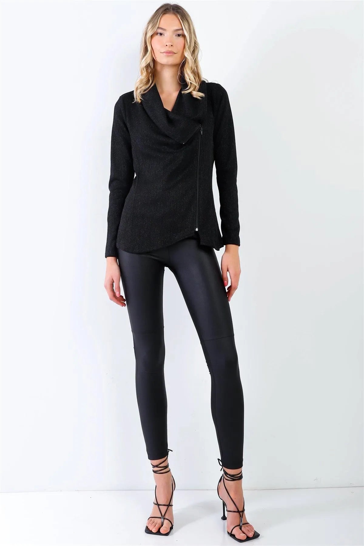 Black Lurex Draped Collar Side Zip Up Lightweight Jacket /2-2-2 - Tasha Apparel Wholesale