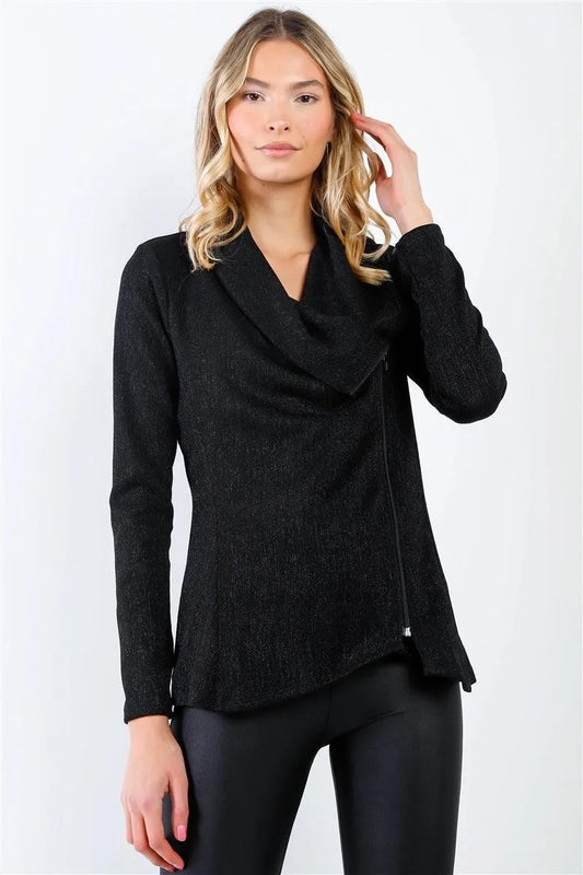 Black Lurex Draped Collar Side Zip Up Lightweight Jacket /2-2-3 - Tasha Apparel Wholesale
